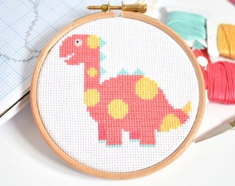 Modern, Pink Dinosaur Cross Stitch PDF Pattern