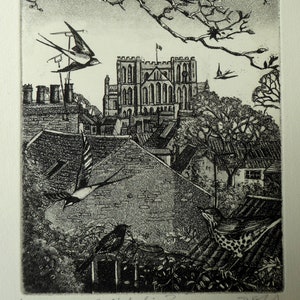 Original etching of Ripon Cathedral from Ripon Spa gardens by Moira McTague