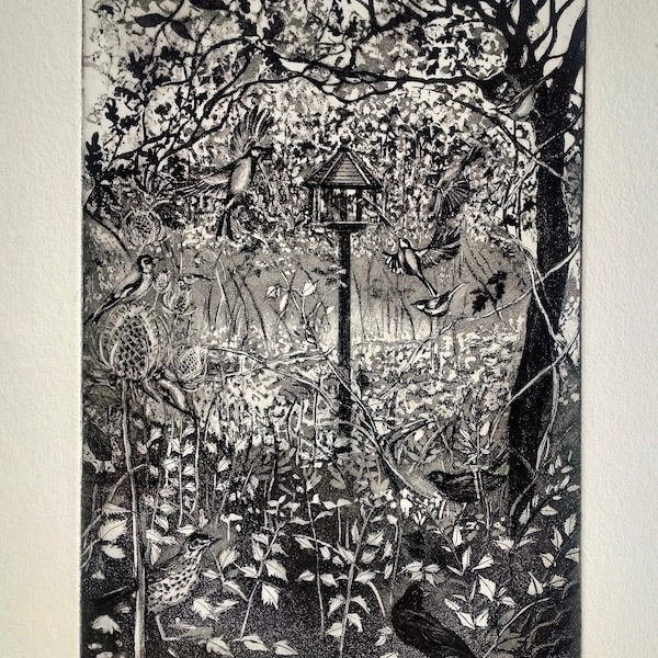 Pete's bird table- the birds give thanks . An original etching by Moira McTague