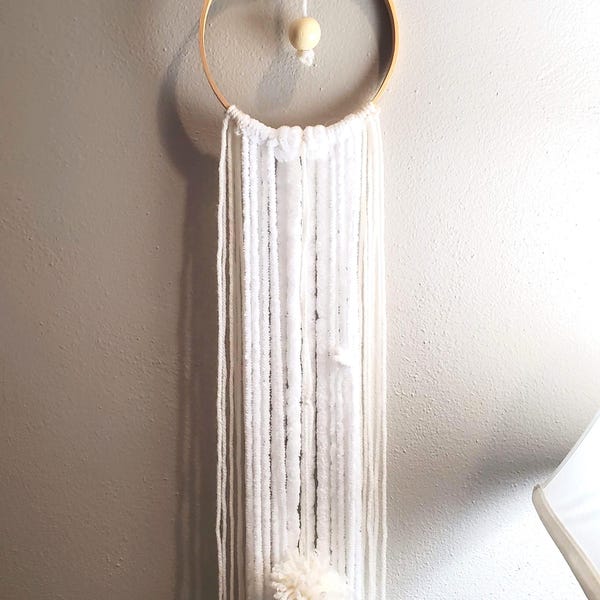 Tall White Yarn Wall Hanging: Boho Pom Pom Home Art