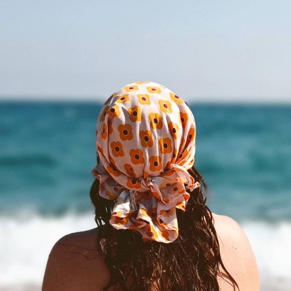 Headscarf. flowers. Scarf Head. Seventies. foulard. mustard. Viscosa handkerchief. summer.