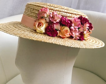 Canotier Lolita. Pink and Buganvilla flowers. Wedding guest. Low Brim. Straw Hat.