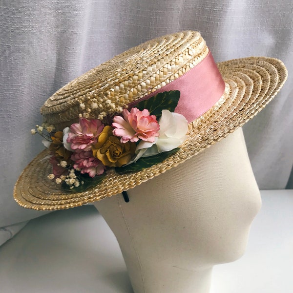 Canotier Penelope. Painted flowers. Wedding guest. Low Brim Hat. Headpiece. Wedding Guest.