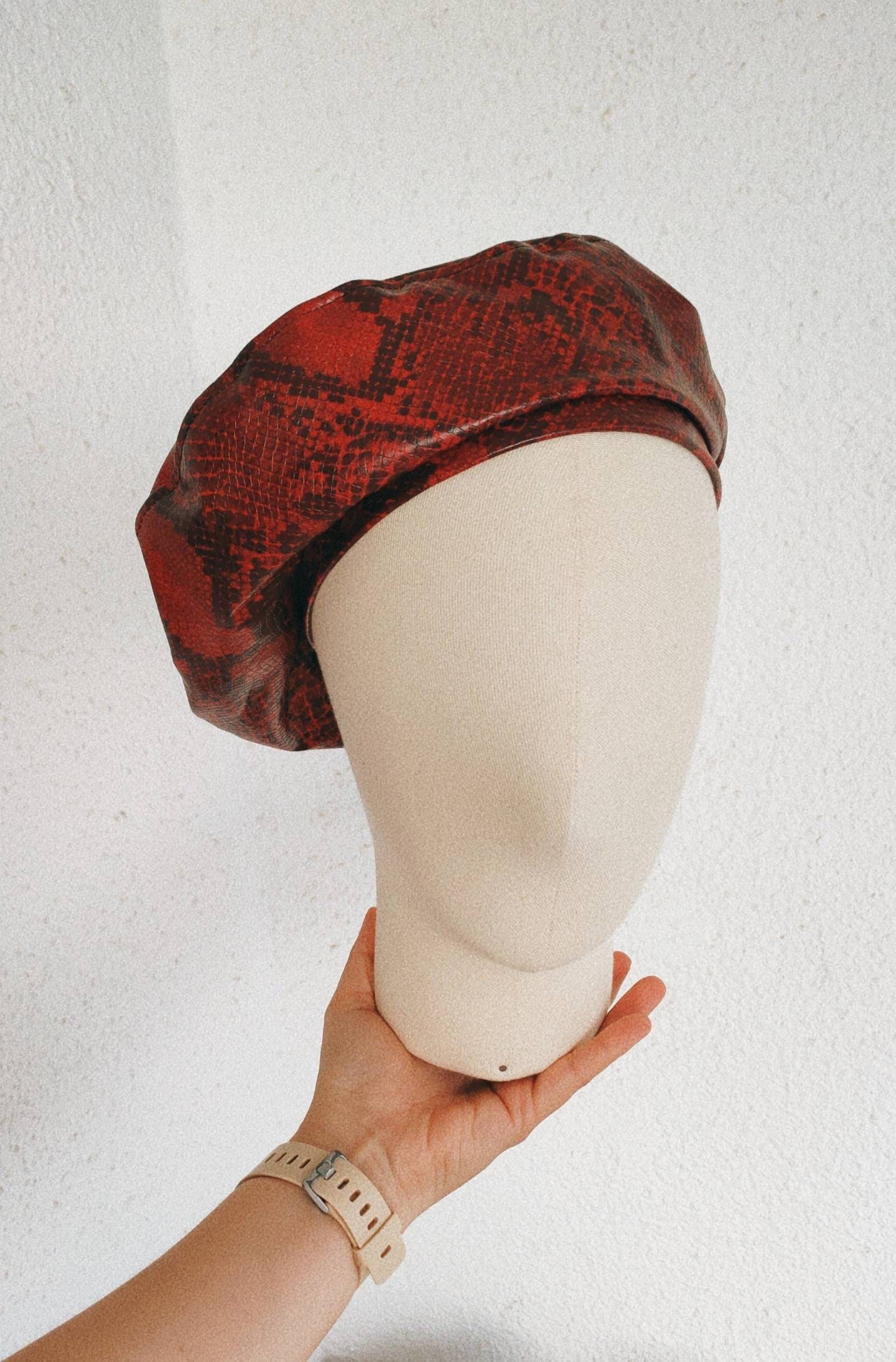 MARZI Leather-Style Reptile Print Cin Tan Beret Cap Tan Beret with Vegan Leather Strap and Silver Metal Hardware  main image 4