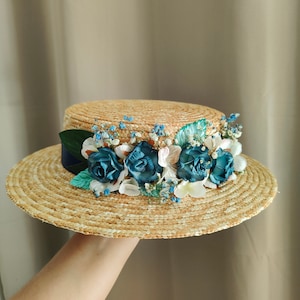 Canotier Penelope. Painted flowers. Wedding guest. Low Brim Hat. Headpiece. Wedding Guest.