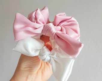 Satin Scrunchies with Bow. Silk Bow Scrunchies. Bridesmaid. Wedding Gift. Pink, White, Blue silk scrunchie. Bows. Bachelorette. Wedding.