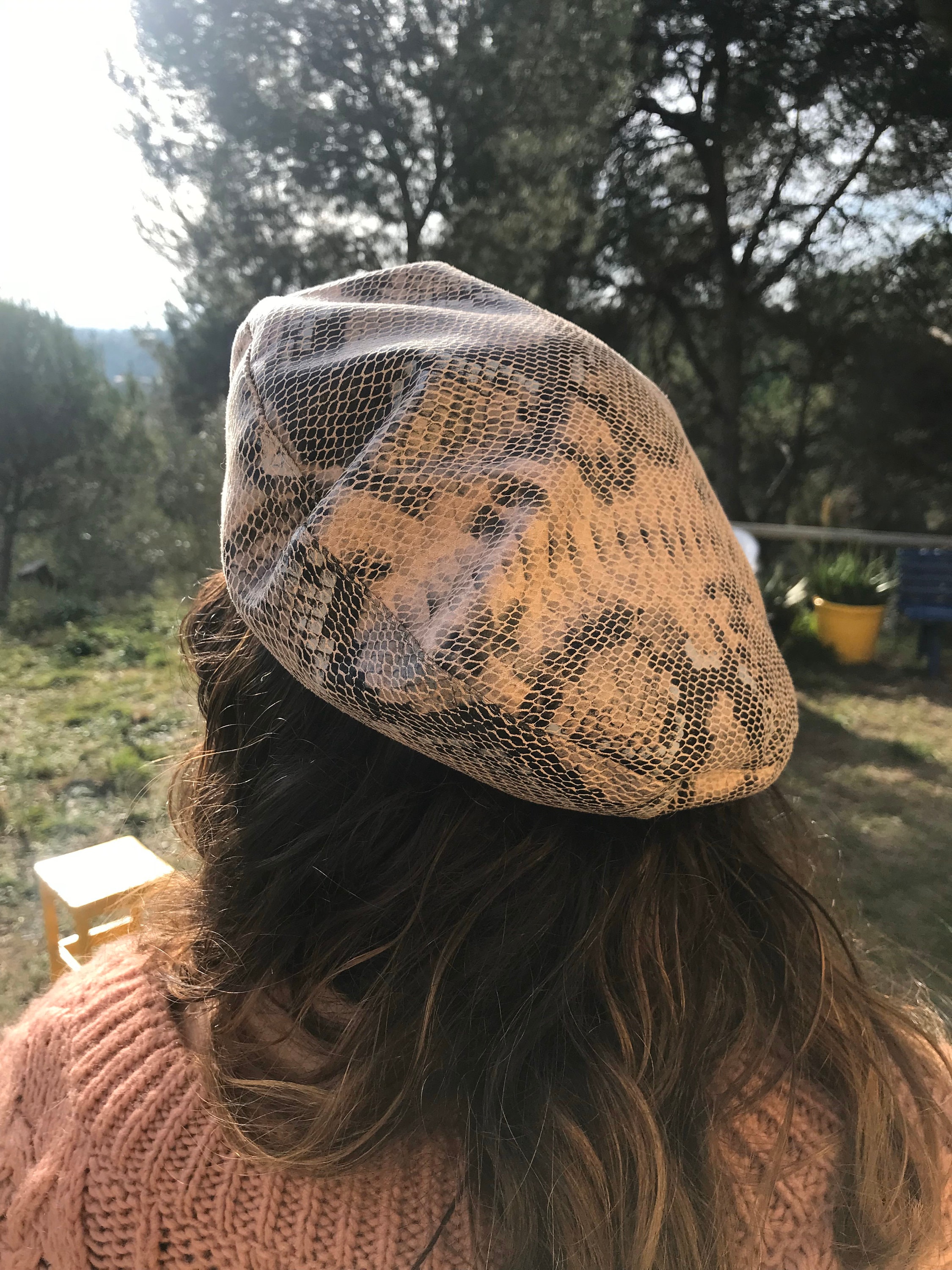 MARZI Leather-Style Reptile Print Cin Tan Beret Cap Tan Beret with Vegan Leather Strap and Silver Metal Hardware  main image 3
