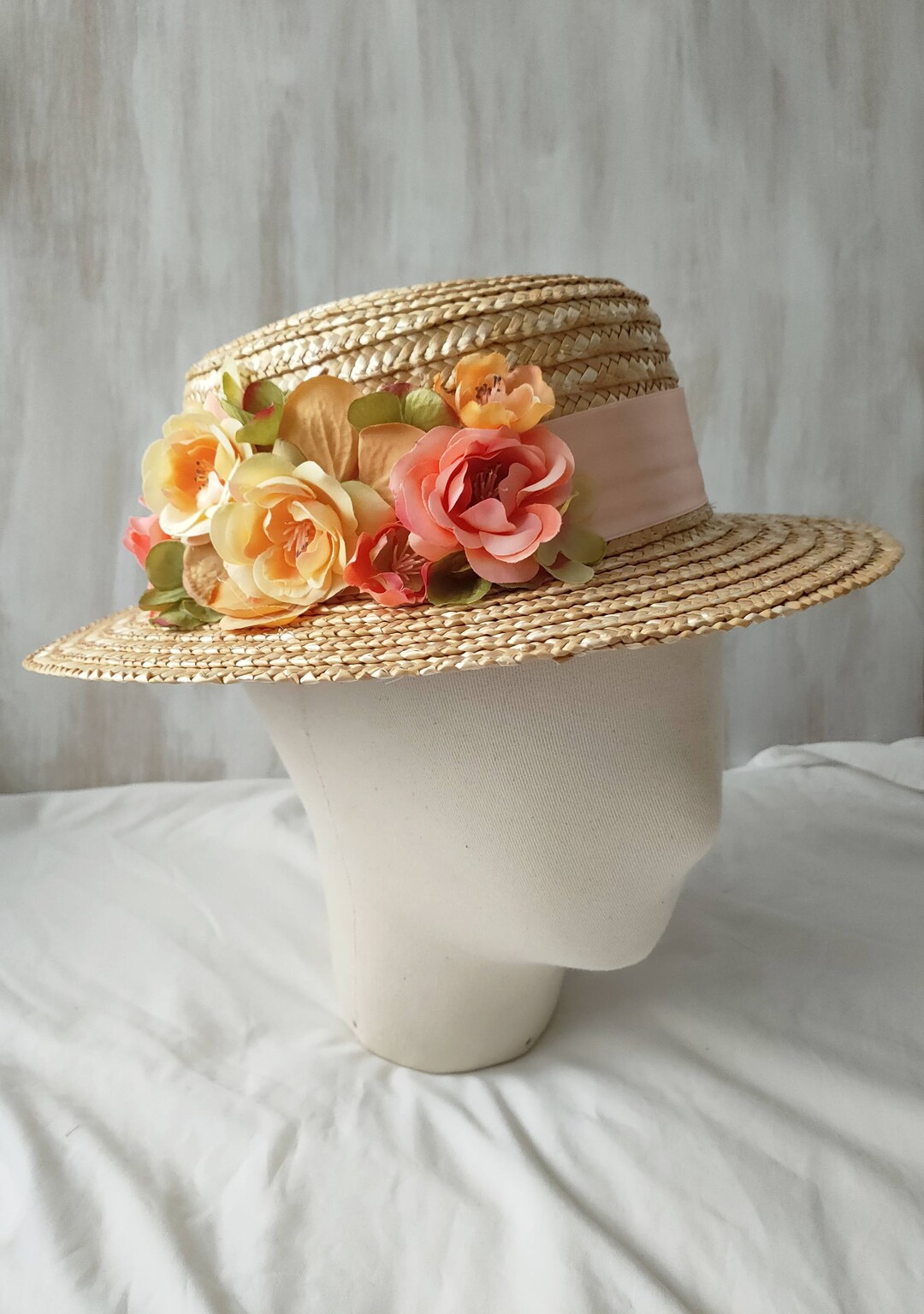 Callanan Floral Straw Boater Hat Womens OS Tan Pink Rose Garden Party Wide Brim Floral Boater Hat - Etsy main image 2