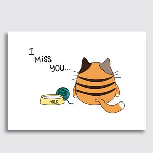 Afdrukbare Silly Doodle A6-kaart - I Miss You - Cute Sad Lonely Kitty PDF DIY digitale kaart direct downloaden