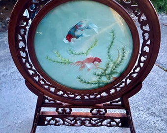 Vintage Chinese Double Sided Rotating Silk Embroidery Screen