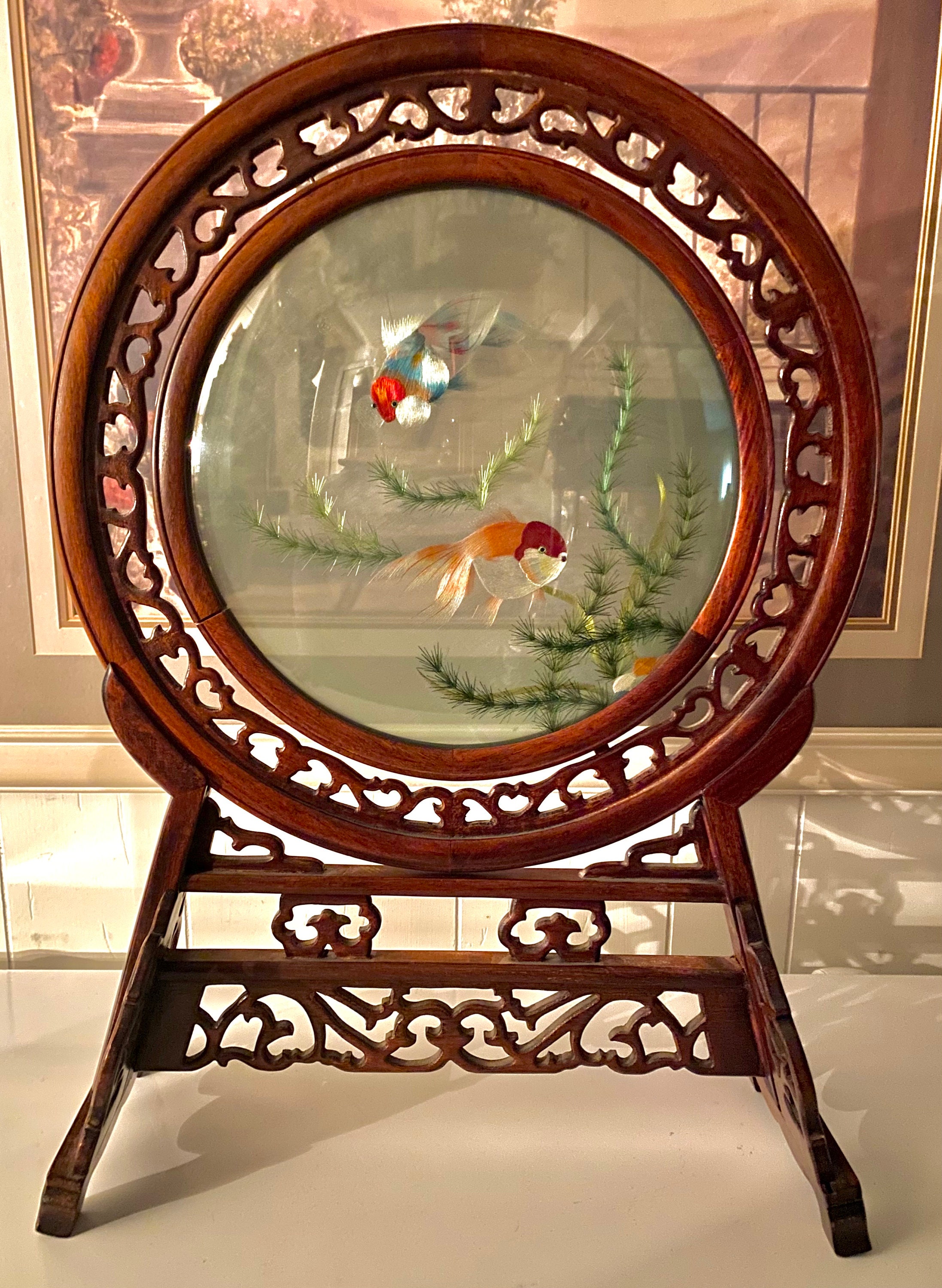 Vintage Chinese Double Sided Rotating Silk Embroidery Screen
