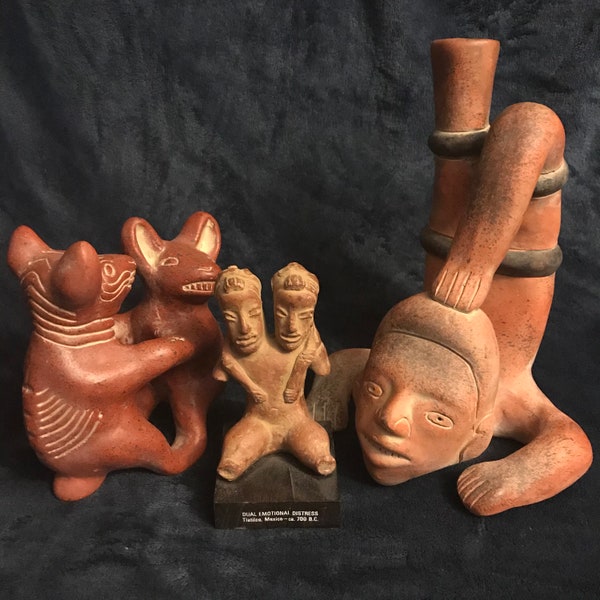 Pre-Columbian Repro Pottery Mexican Folk Art •Figural Dogs •Dual Emotional Distress •Human Candle Holder