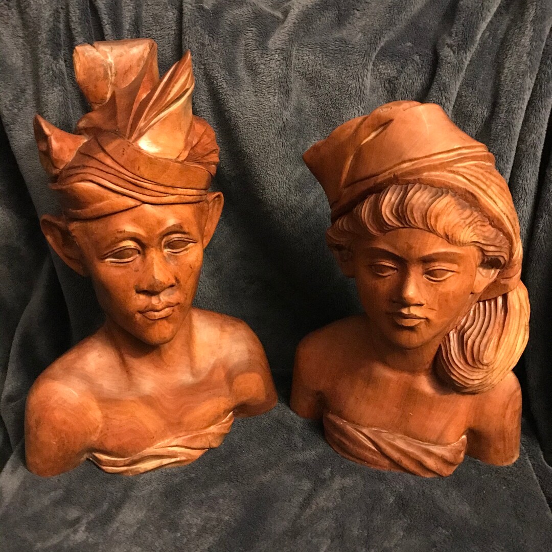 Carved Heavy Hardwood Sculptures South Pacific Man & Woman Busts Heads ...