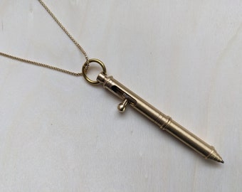 Pen necklace vintage style gold pen on box chain pen pendant lever spring action brushed brass real working pen writing teacher gift