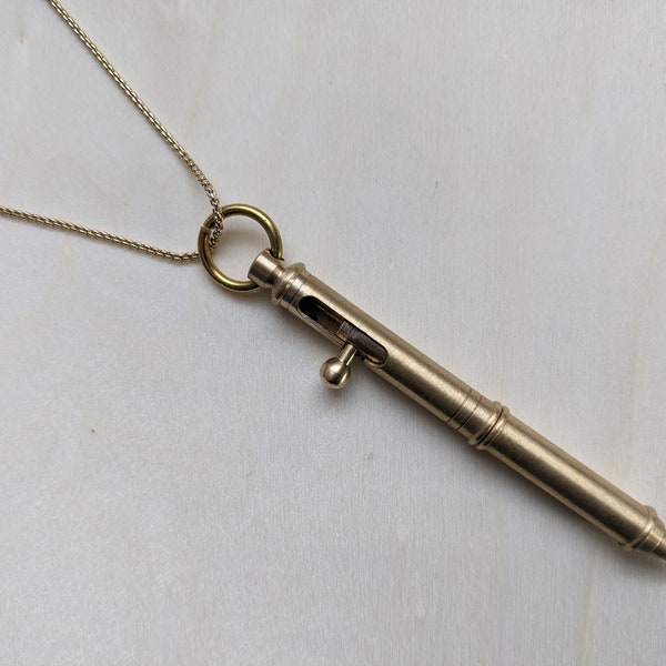 Pen necklace vintage style gold pen on box chain pen pendant lever spring action brushed brass real working pen writing teacher gift