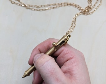 Gold pen necklace vintage style pen on simple gold chain pen pendant lever spring action brushed brass real working pen writing teacher gift