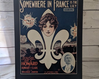 1917 "Somewhere in France" Notengrafik, mattierte WW1 Werbung