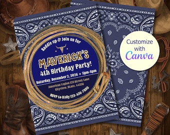 Cowboy-Geburtstags-Einladung Navy Blue Party einladen Bearbeitbar in Canva (Digitaler Download)