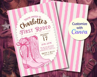 Cowgirl Einladung Erstes Rodeo 1.Geburtstags-Einladung Rosa Pferde Babyparty einladen Bearbeitbar in Canva Vorlage Druckbare Digitaler Download