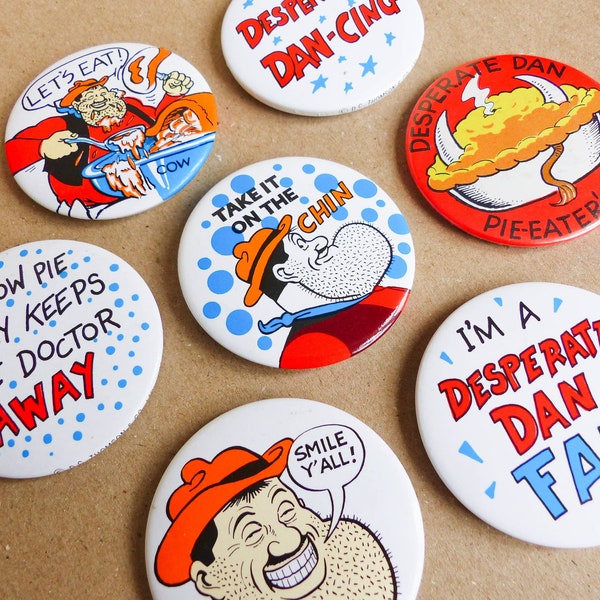 Vintage 'Desperate Dan' Tin Button Badges ©1988 DC Thompson and Co Ltd / 7 Designs Available / Great Nostalgic Gift Idea