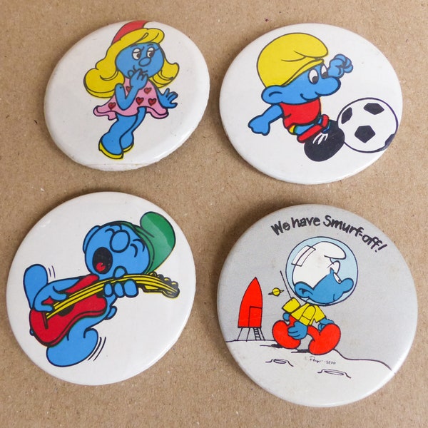 Vintage Smurfs Tin Button Badges / Four Design Collection / Cute Gift Idea