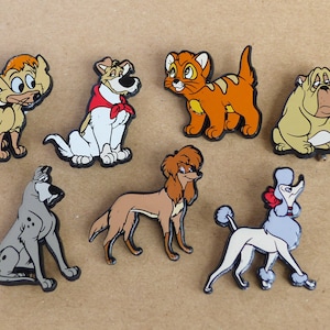 Oliver and Company Plastic Badges Vintage Disney Dogs / Oliver, Georgette, Rita, Einstein, Tito, Dodger & Francis / 80's Nostalgic Gift Idea