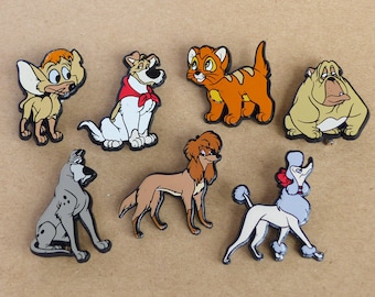 Oliver and Company Plastic Badges vintage Disney Dogs / Oliver, Georgette, Rita, Einstein, Tito, Dodger & Francis / 80's Nostalgic Gift Idea