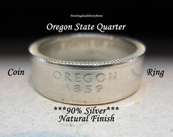 90% SILVER Oregon State Quarter "Coin Ring " with Velvet Gift Pouch-Natural Finish