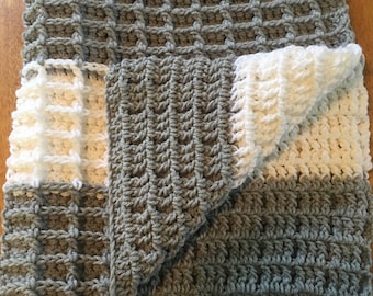 Grey & White waffle stitch crochet blanket