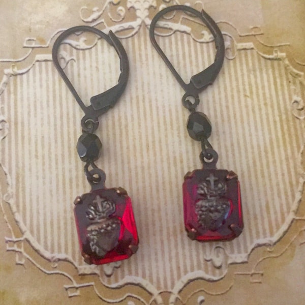 Rare Vintage Sacred Heart Earrings, Gothic, 1940's, red ruby, religious, heirloom