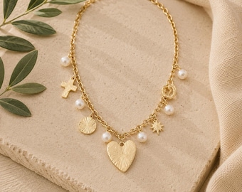 Gold Heart Necklace Christian Jewelry Cross Pendant Gold Cross Necklace Women Birthday Gift Chunky Chain Pearl Charm Celestial Layered