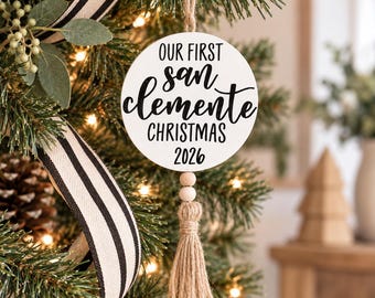 Personalized Christmas Ornament Custom City Name Keepsake Hand Painted Wood Holiday Farmhouse Tree Housewarming Gift Newlywed Couple First