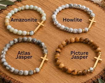 Cross Charm Bracelet Stretch Jewelry Faith Gift Christian Woman Prayer Accessory Natural Bead Gemstone Wristband Religious Piece Baptism