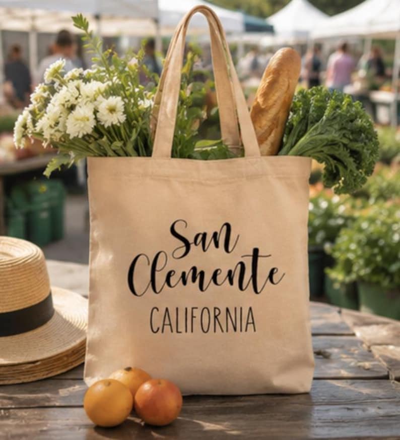 Beach Gift Canvas Tote San Clemente California Souvenir Bag Reusable Market Carrier Everyday Shopping Carryall Coastal Town Design Book Bag Durable Canvas Construction Minimalist Style Perfect Farmers Market Beach Day Grocery Tote Southern