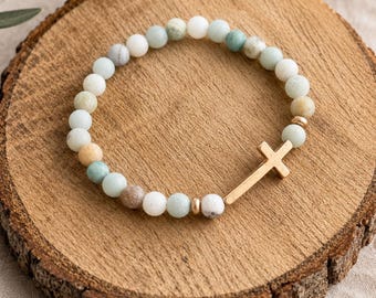 Cross Bracelet Women Christian Jewelry Gift Box Bible Verse Engraved Moving on Breakup Natural Stone Stretch Band Gemstone Faith Accessory