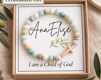 Baptism Gift Girl Christian Bracelet Child of God Cross Charm Faith Jewelry Confirmation Keepsake Personalized Religious Natural  Stone