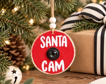 Santa Cam Ornament Hand Painted Real Wood Slice Christmas Tree Decoration Farmhouse Rustic Holiday Hanging Kids Bedroom Surveillance Camera