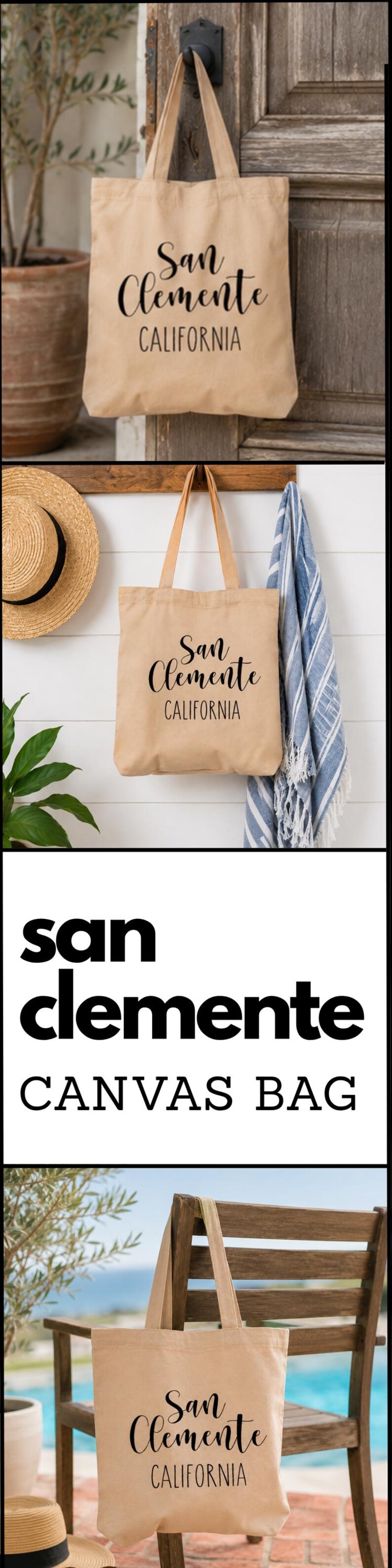 May include: A tan canvas tote bag featuring the black printed text San Clemente CALIFORNIA. The bag has two matching fabric handles and a rectangular shape. The design is centered on the front of the bag with a script font for the city name.