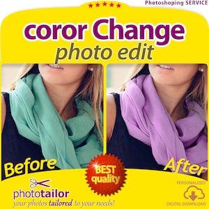 Może przedstawiać: Zdjęcie przed i po pokazujące usługę zmiany koloru. Obraz przedstawia kobietę w jasnozielonym szaliku. Zdjęcie pokazuje tę samą kobietę w jasnofioletowym szaliku. Tekst na obrazie brzmi "coror Change photo edit", "Przed", "Po", "BEST quality", "phototailor", "Twoje zdjęcia dopasowane do Twoich potrzeb!", "PERSONALIZOWANE", i "POBIERANIE CYFROWE".