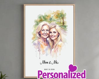 Portrait personnalisé pour la fête des Mères, aquarelle personnalisée à partir de vos photos (téléchargement numérique)