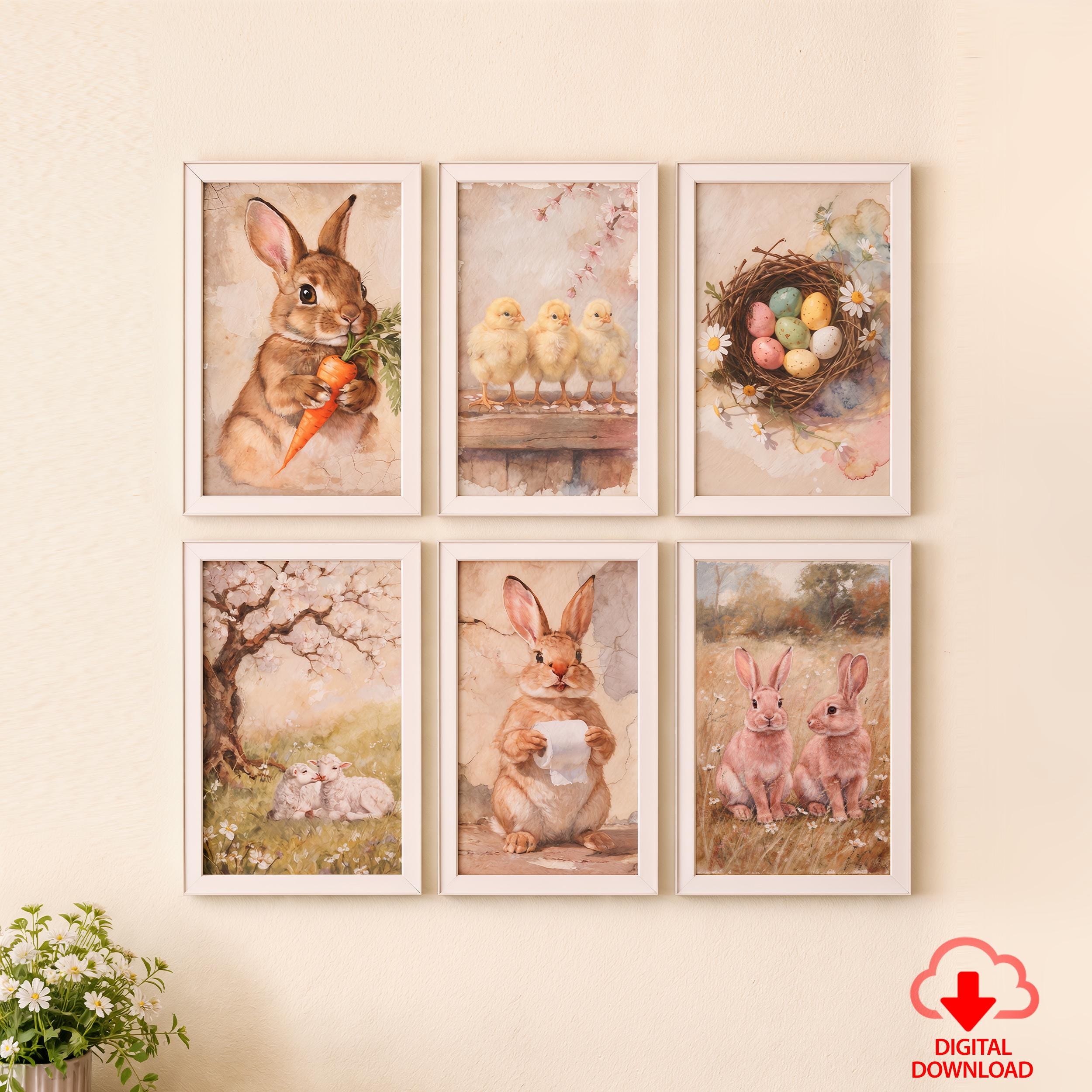 Set of 6 Easter Bunny Prints, Neutral Spring Farmhouse Gallery Wall Art ...