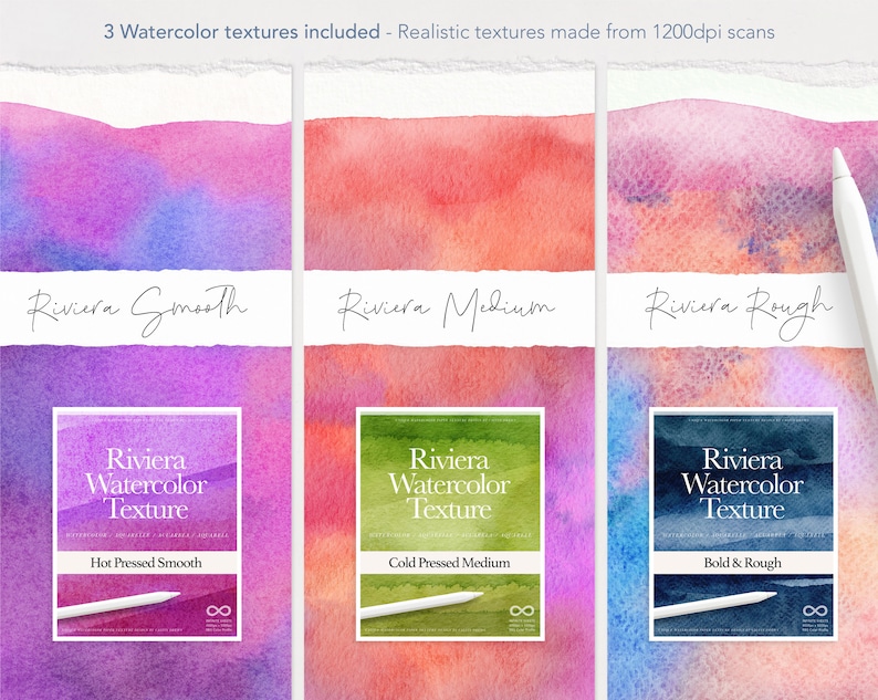 May include: Three watercolor textures, each with a different texture: smooth, medium, and rough. The textures are labeled "Riviera Watercolor Texture" with a description of the texture type. The textures are made from 1200dpi scans.