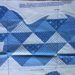 Cut and Sew, fabric cat or cushion, finished 9 inches high, 13 inches long, blue white quilted fabric, easy instructions