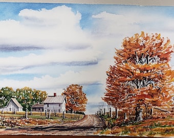 Beautiful Vintage Signed Hand Painted Water Color Fall Country Scene AC5 OC5?