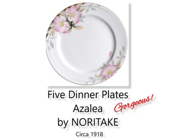 Five (5) Azalea by NORITAKE Dinner Plates - Circa 1918 - Hand Painted Japan - Pink, Patent #19322  Gold Trim - ANTIQUE