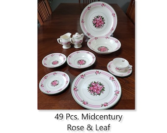 Precioso y exclusivo juego de 49 piezas de vajilla de estilo moderno de mediados de siglo con diseño de rosas y hojas, de Santa Anita Ware, California.