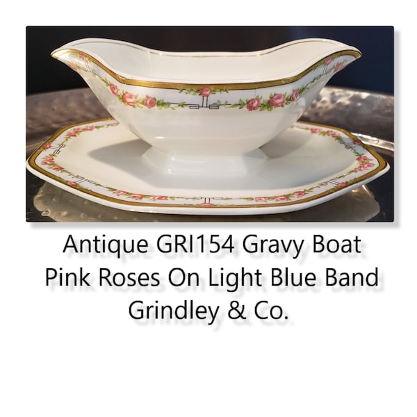 RARE 1914 Grindley GRI154 Pink Roses On Light Blue Band Gravy Boat EX! BEAUTFUL  England