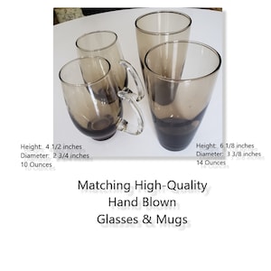 Set of 2 Mugs & 4 Tumblers High Quality Hand Blown Glass EXCELLENT -  Smoke Colored - Six Pieces Total