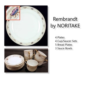 Può includere: Set di stoviglie Rembrandt di Noritake con 4 piatti, 4 set di tazza e piattino, 5 piatti da pane e 3 ciotole per salse. Le stoviglie presentano un motivo floreale con bordatura dorata.