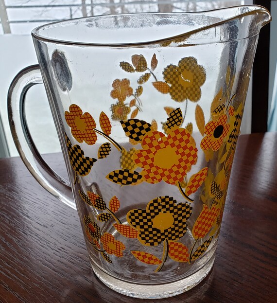 Vintage Mid Century Checkered Flower Power Retro Green Orange